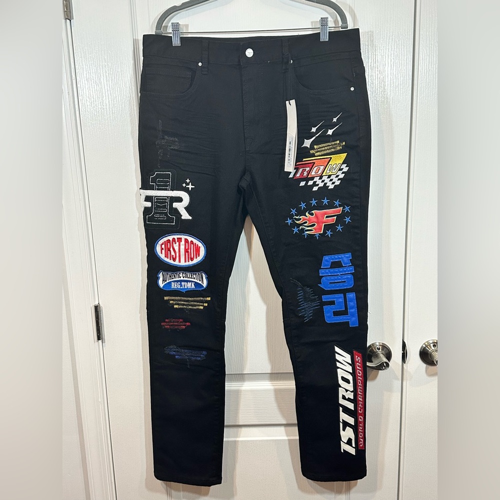 First Row Black Denim Racing Slim Jeans with Assorted Patches, Size: 38/32